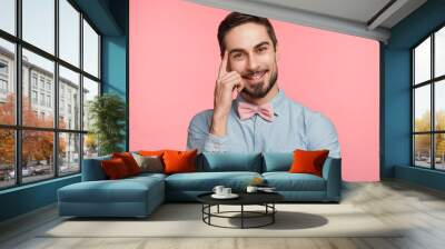 Pleasant looking bearded man has happy expression, glad to come on friend`s birthday party, communicates with guests, feels restful, being in good mood, spends free time at circle of close people Wall mural